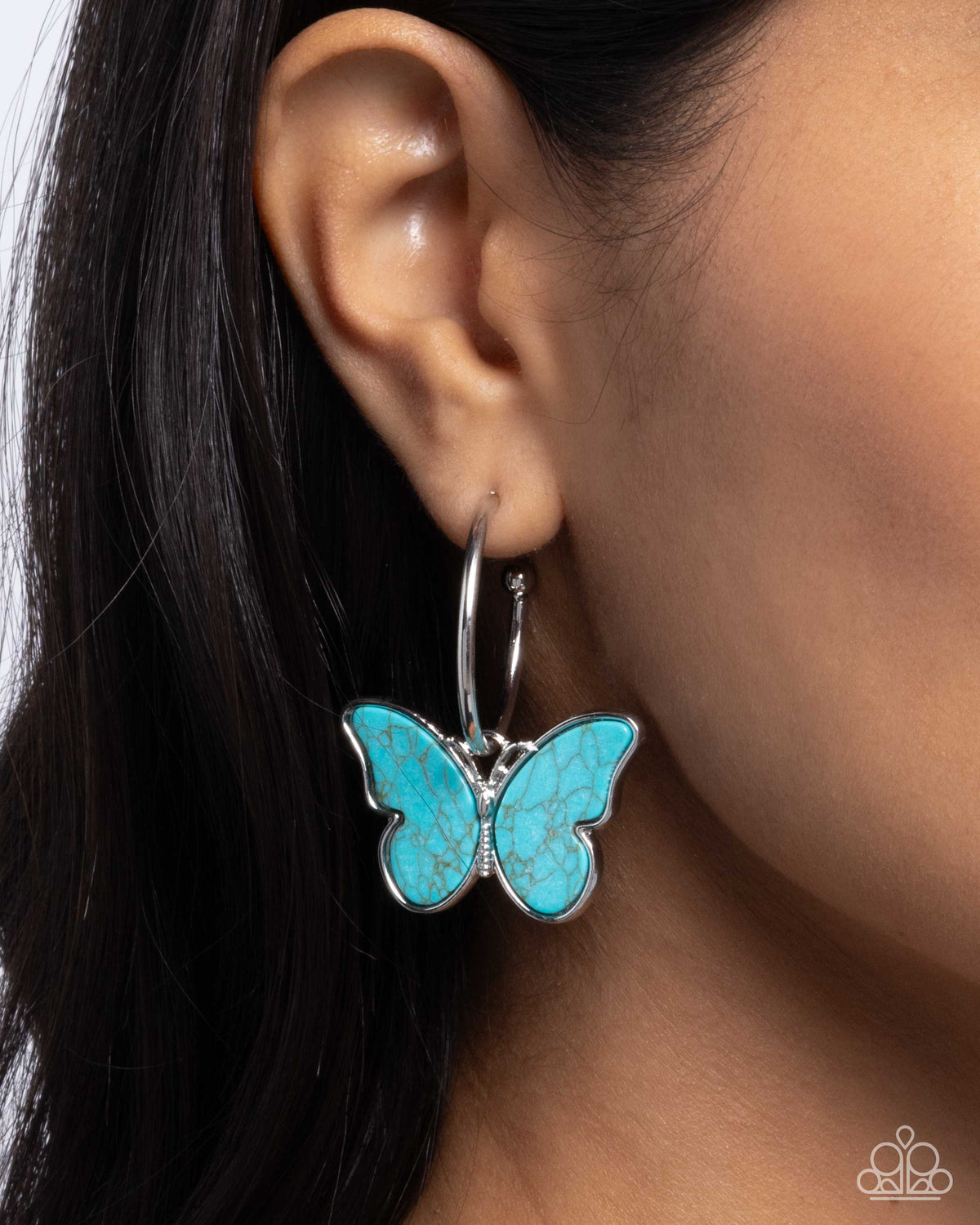 Melodic Mariposa Turquoise Blue Stone Butterfly Hoop Earrings - Paparazzi Accessories- on model - CarasShop.com - Paparazzi Jewelry by Cara Jewels
