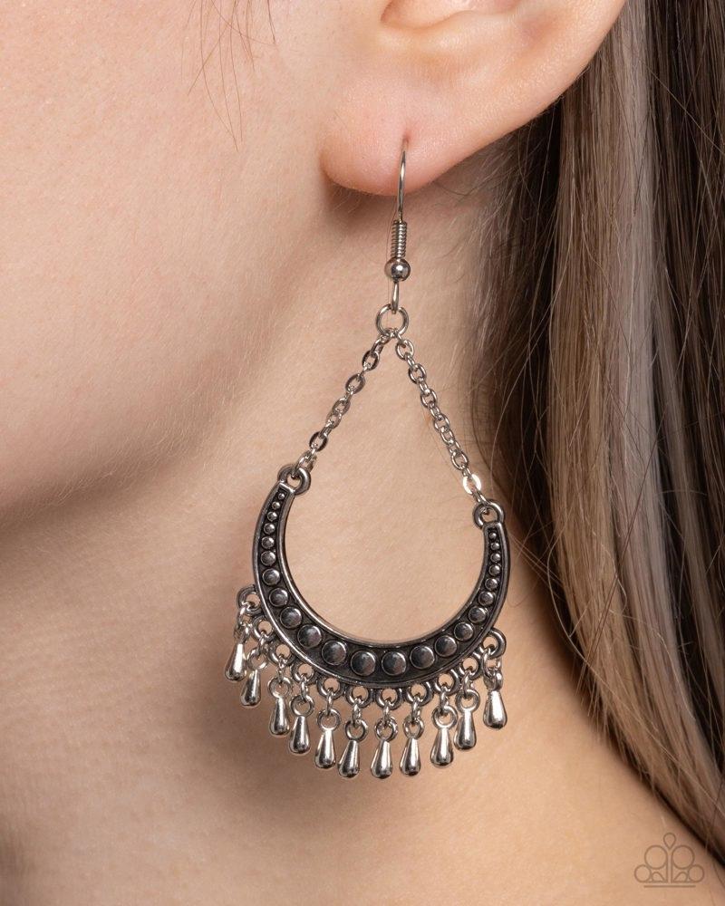 Melodic Moons Silver Earrings - Paparazzi Accessories- on model - CarasShop.com - Paparazzi Jewelry by Cara Jewels