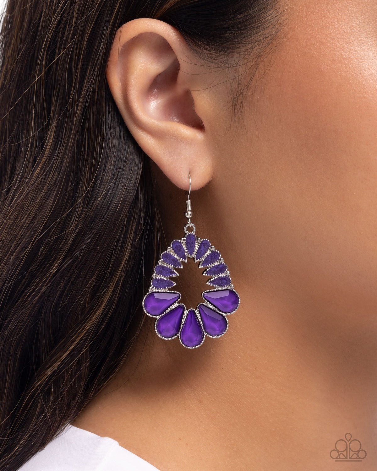 Mesmerizing Moment Purple Gem Earrings - Paparazzi Accessories- on model - CarasShop.com - Paparazzi Jewelry by Cara Jewels