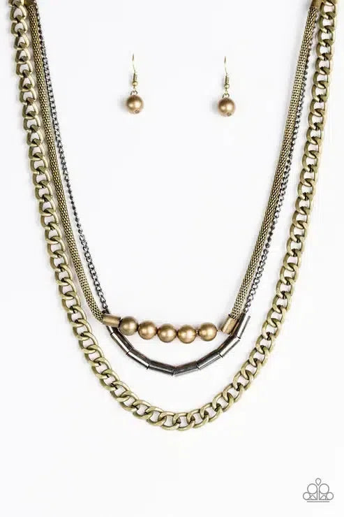 Metal Melee Brass Necklace - Paparazzi Accessories- lightbox - CarasShop.com - Paparazzi Jewelry by Cara Jewels