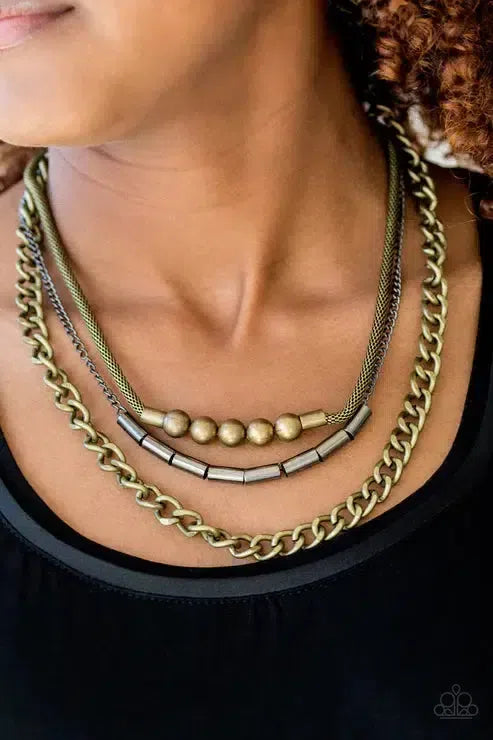 Metal Melee Brass Necklace - Paparazzi Accessories-on model - CarasShop.com - Paparazzi Jewelry by Cara Jewels