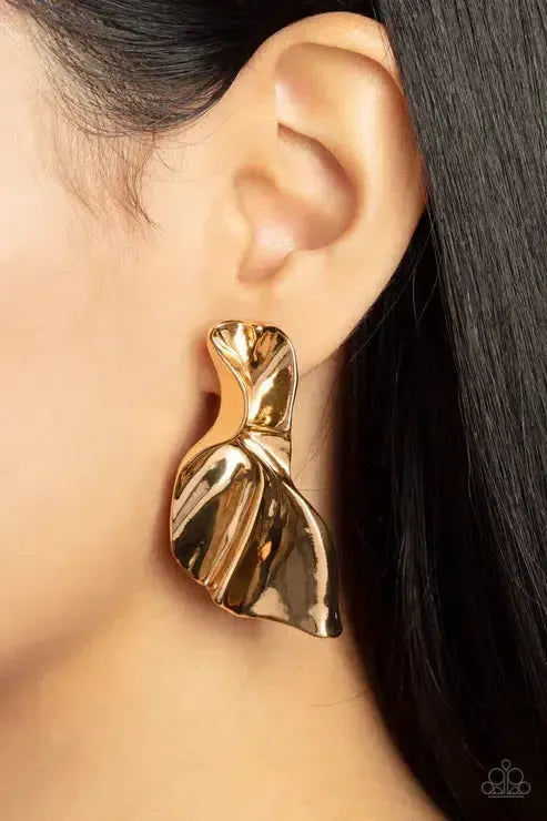 METAL-Physical Mood Gold Earrings - Paparazzi Accessories- on model - CarasShop.com - Paparazzi Jewelry by Cara Jewels
