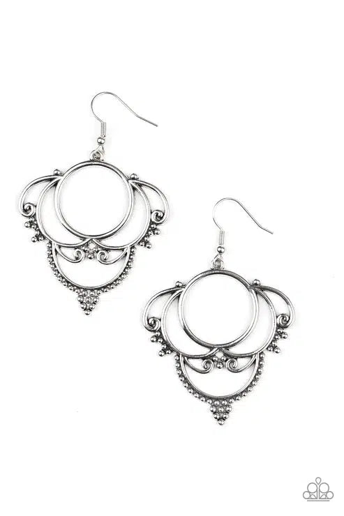 Metallic Macrame Silver Earrings - Paparazzi Accessories- lightbox - CarasShop.com - Paparazzi Jewelry by Cara Jewels