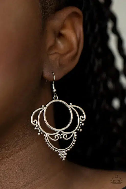 Metallic Macrame Silver Earrings - Paparazzi Accessories- on model - CarasShop.com - Paparazzi Jewelry by Cara Jewels