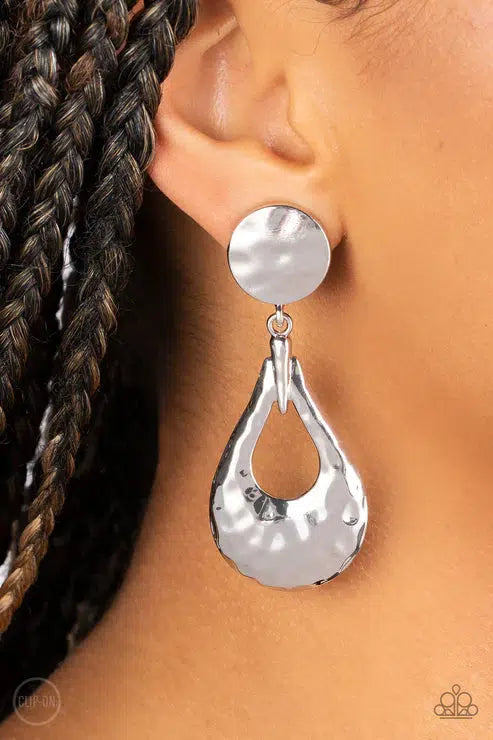 Metallic Magic Silver Clip-on Earrings - Paparazzi Accessories- on model - CarasShop.com - Paparazzi Jewelry by Cara Jewels
