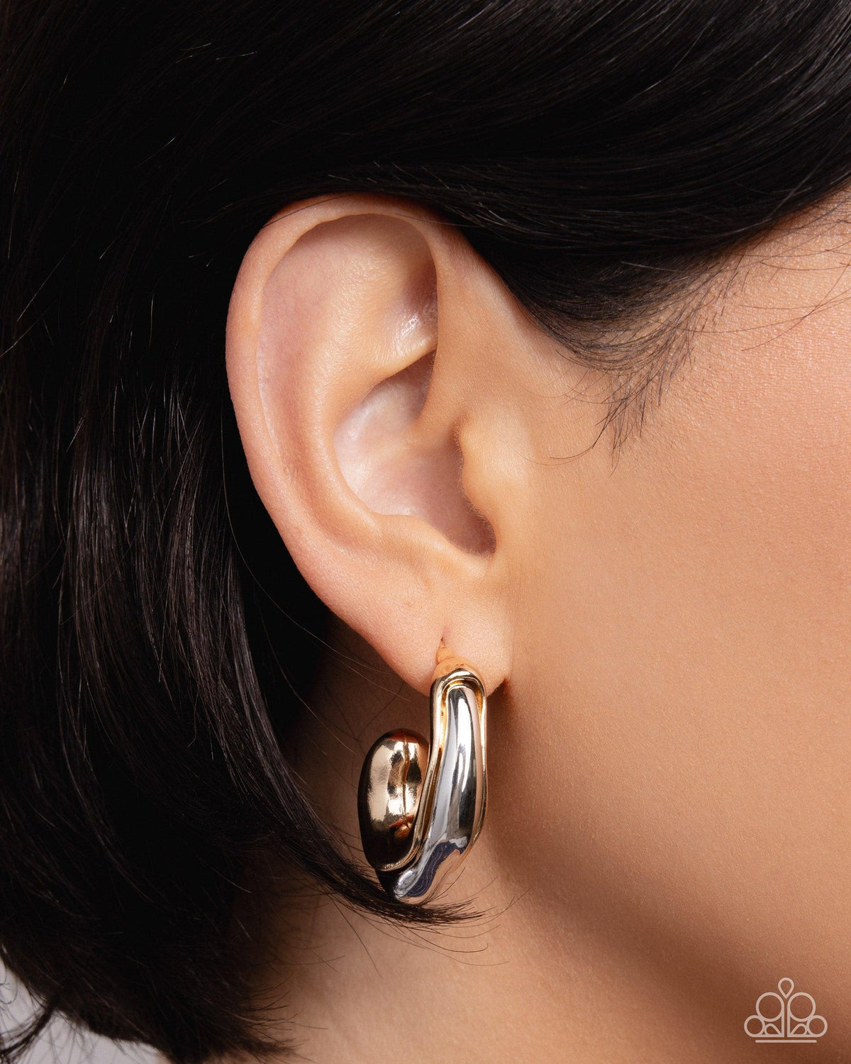 Metallic Multicolored Gold & Silver Hoop Earrings - Paparazzi Accessories-on model - CarasShop.com - Paparazzi Jewelry by Cara Jewels