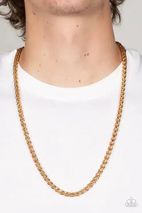Metro Monopoly Men's Gold Chain Necklace - Paparazzi Accessories-on model - CarasShop.com - Paparazzi Jewelry by Cara Jewels