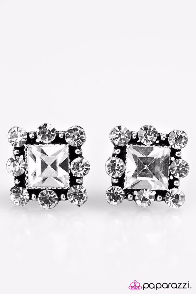 Midnight Music White Rhinestone Earrings - Paparazzi Accessories- lightbox - CarasShop.com - Paparazzi Jewelry by Cara Jewels