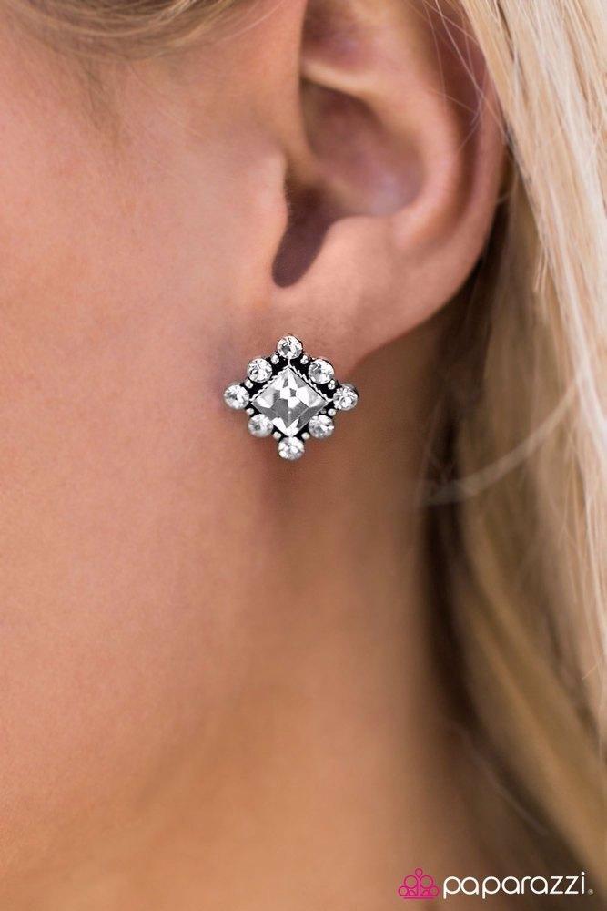 Midnight Music White Rhinestone Earrings - Paparazzi Accessories- on model - CarasShop.com - Paparazzi Jewelry by Cara Jewels