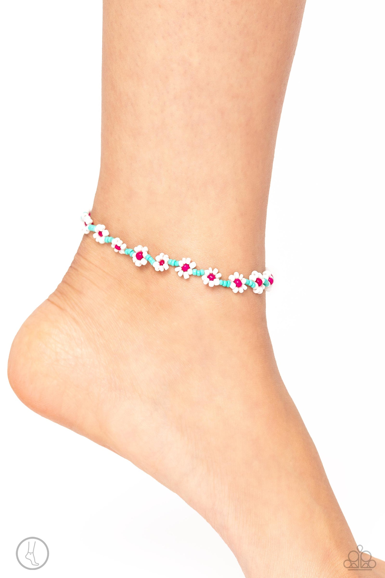 Midsummer Daisy Blue Seed Bead Flower Anklet - Paparazzi Accessories- lightbox - CarasShop.com - Paparazzi Jewelry by Cara Jewels