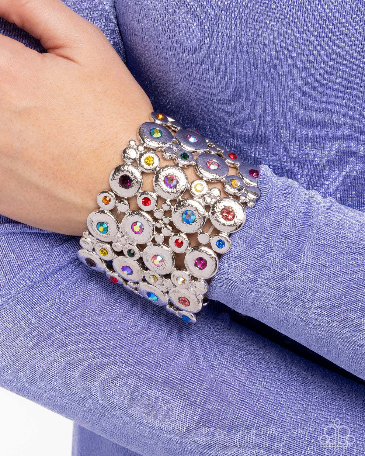 Millennial Medley Multi Rhinestone & Silver Bracelet - Paparazzi Accessories- on model - CarasShop.com - Paparazzi Jewelry by Cara Jewels