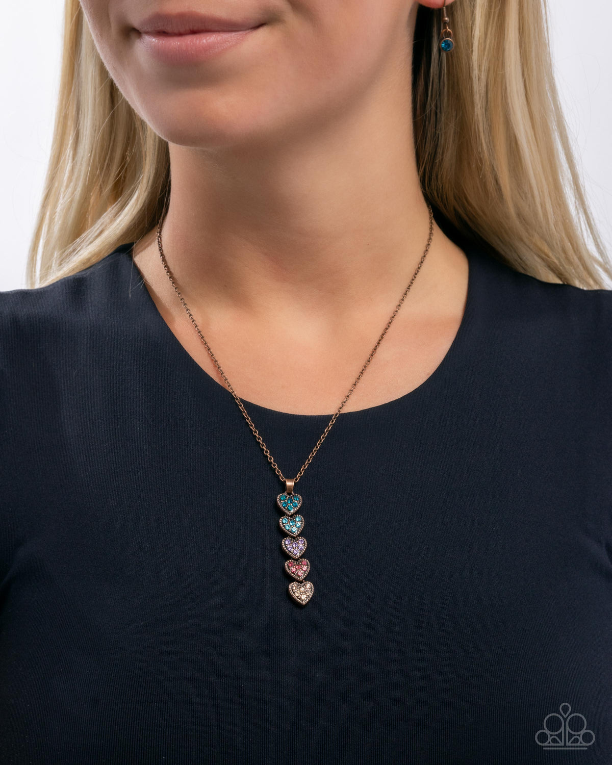 MINE Over Matter Copper & Rhinestone Heart Necklace - Paparazzi Accessories- on model - CarasShop.com - Paparazzi Jewelry by Cara Jewels