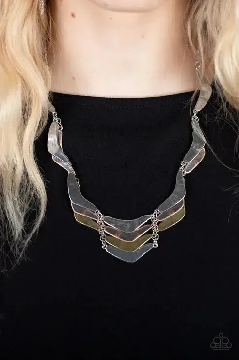 Mixed Metal Mecca Silver Copper & Brass Necklace - Paparazzi Accessories- on model - CarasShop.com - Paparazzi Jewelry by Cara Jewels