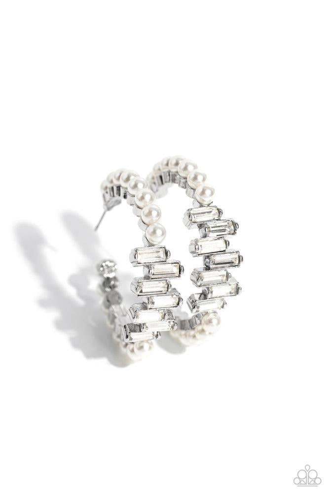 Modest Maven White Rhinestone & Pearl Hoop Earrings - Paparazzi Accessories- on model - CarasShop.com - Paparazzi Jewelry by Cara Jewels