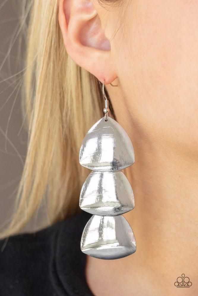 Modishly Metallic Silver Earrings - Paparazzi Accessories- on model - CarasShop.com - Paparazzi Jewelry by Cara Jewels