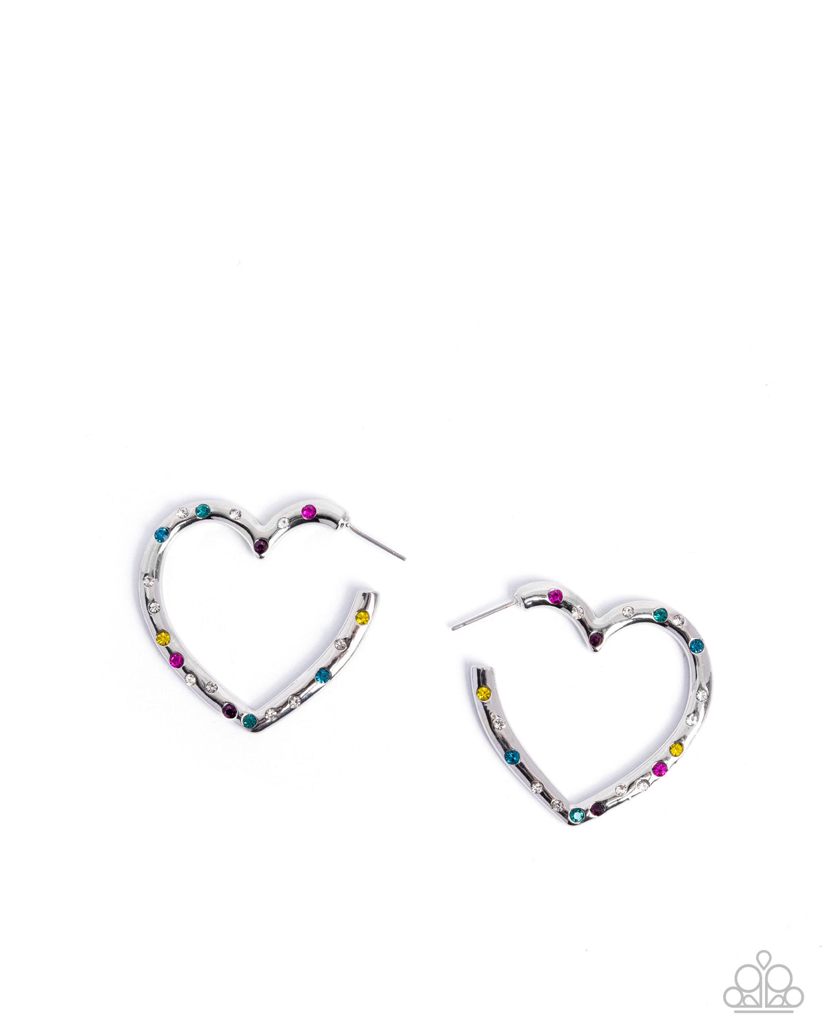 Mosaic Matchmaker Multi Rhinestone & Silver Heart Hoop Earrings - Paparazzi Accessories- lightbox - CarasShop.com - Paparazzi Jewelry by Cara Jewels