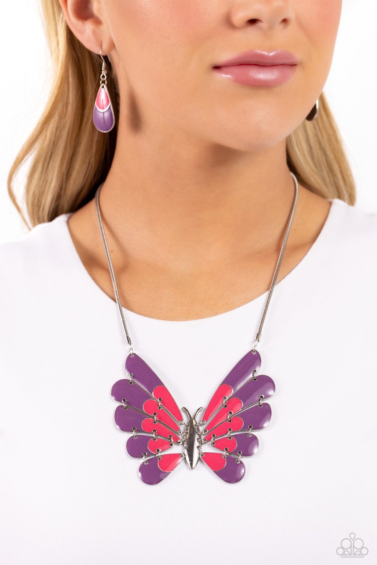Moth Maven Purple & Pink Necklace - Paparazzi Accessories- on model - CarasShop.com - Paparazzi Jewelry by Cara Jewels