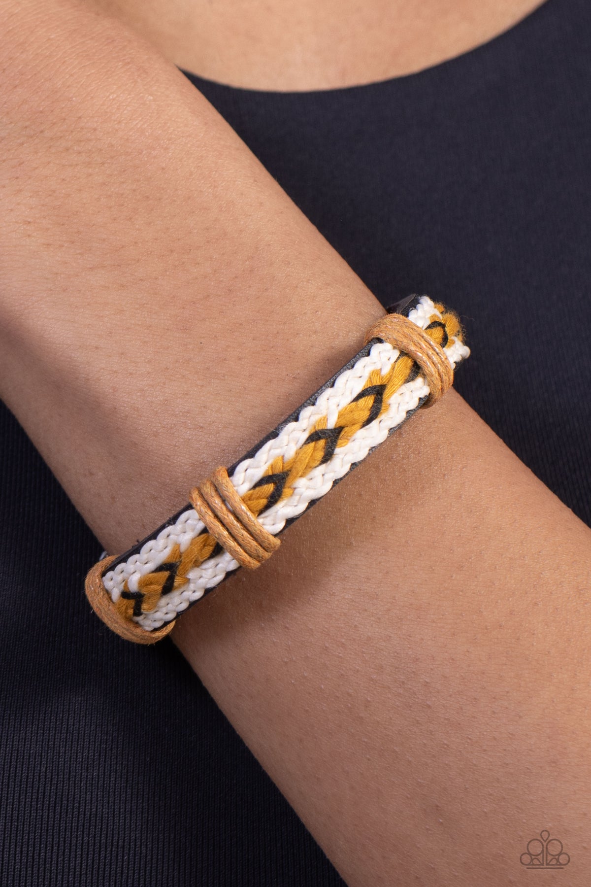 Mountain PASSPORT Black, White & Gold Urban Slide Bracelet - Paparazzi Accessories- on model - CarasShop.com - Paparazzi Jewelry by Cara Jewels