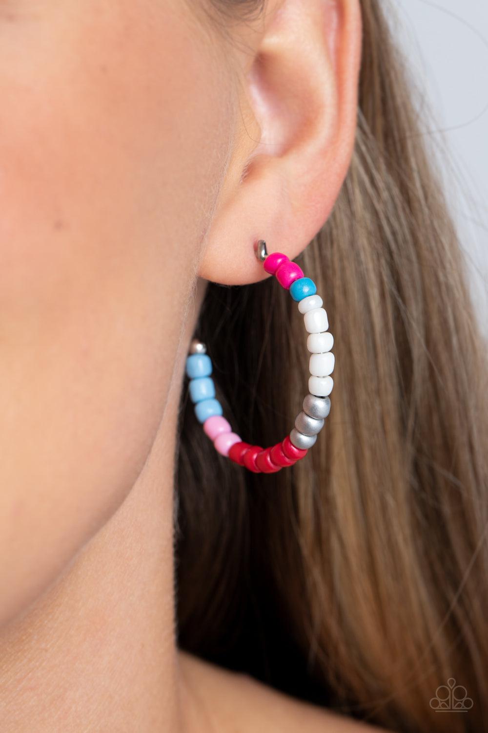Multicolored Mambo Pink Multi Seed Bead Hoop Earrings - Paparazzi Accessories- on model - CarasShop.com - Paparazzi Jewelry by Cara Jewels