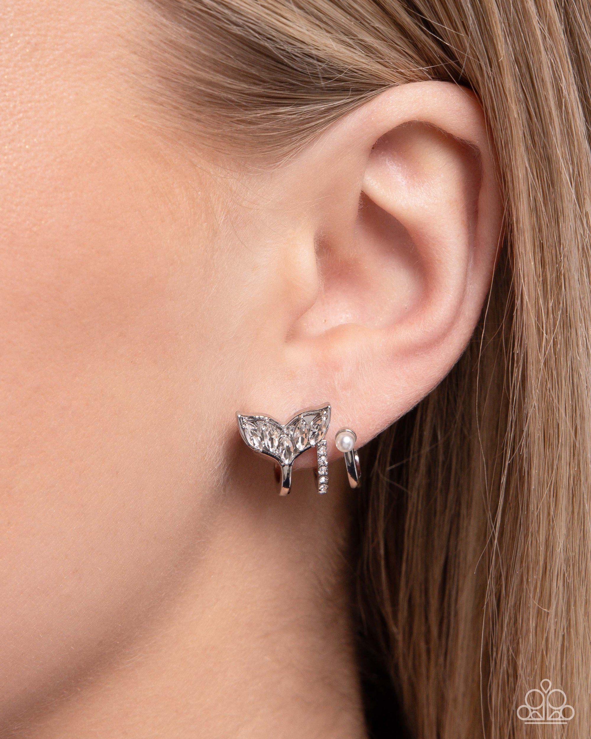 Mythical Marina White Rhinestone Mermaid Tail Hoop Earrings - Paparazzi Accessories- lightbox - CarasShop.com - Paparazzi Jewelry by Cara Jewels