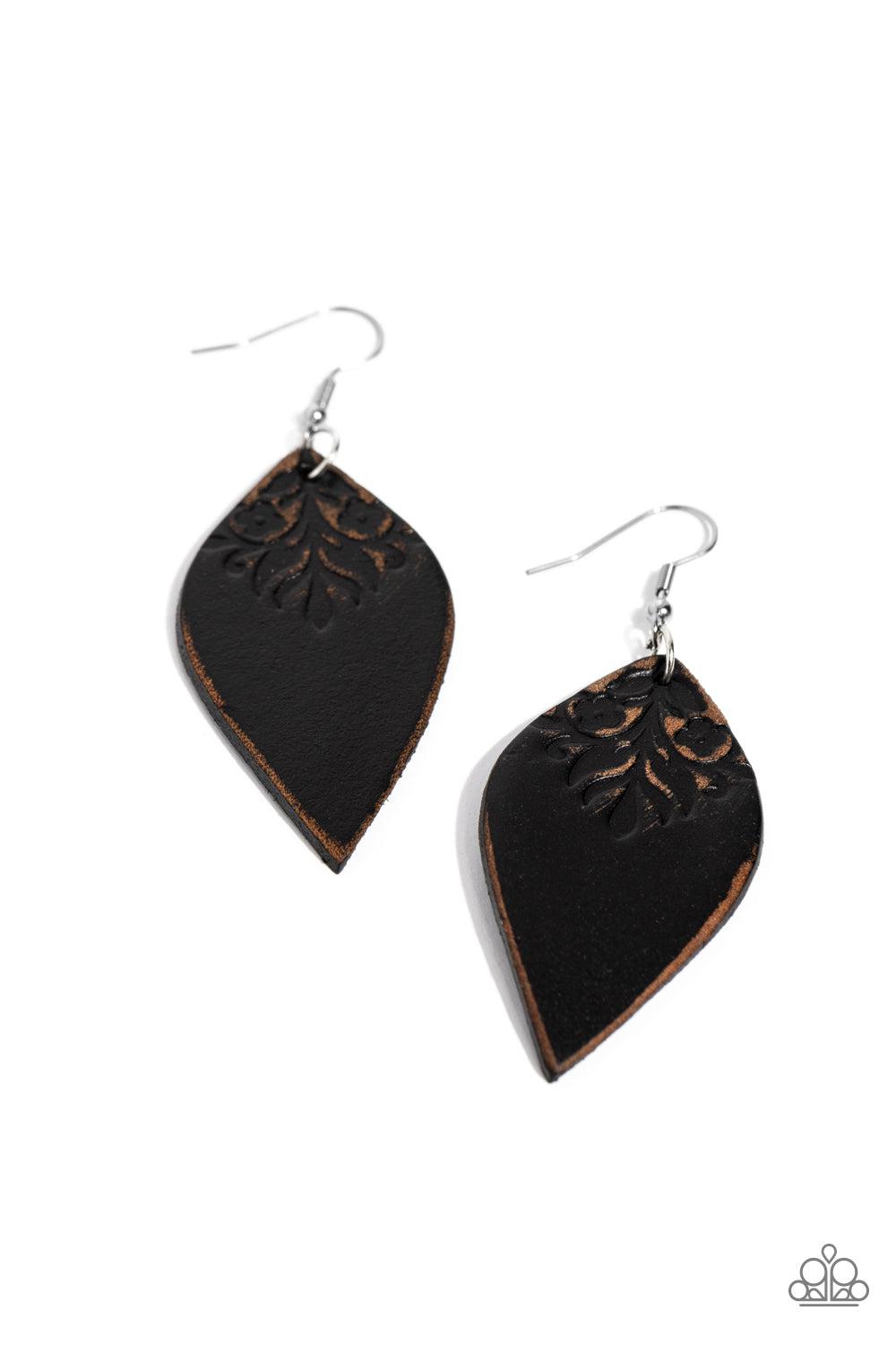 Naturally Nostalgic Black Leather Earrings - Paparazzi Accessories- lightbox - CarasShop.com - Paparazzi Jewelry by Cara Jewels