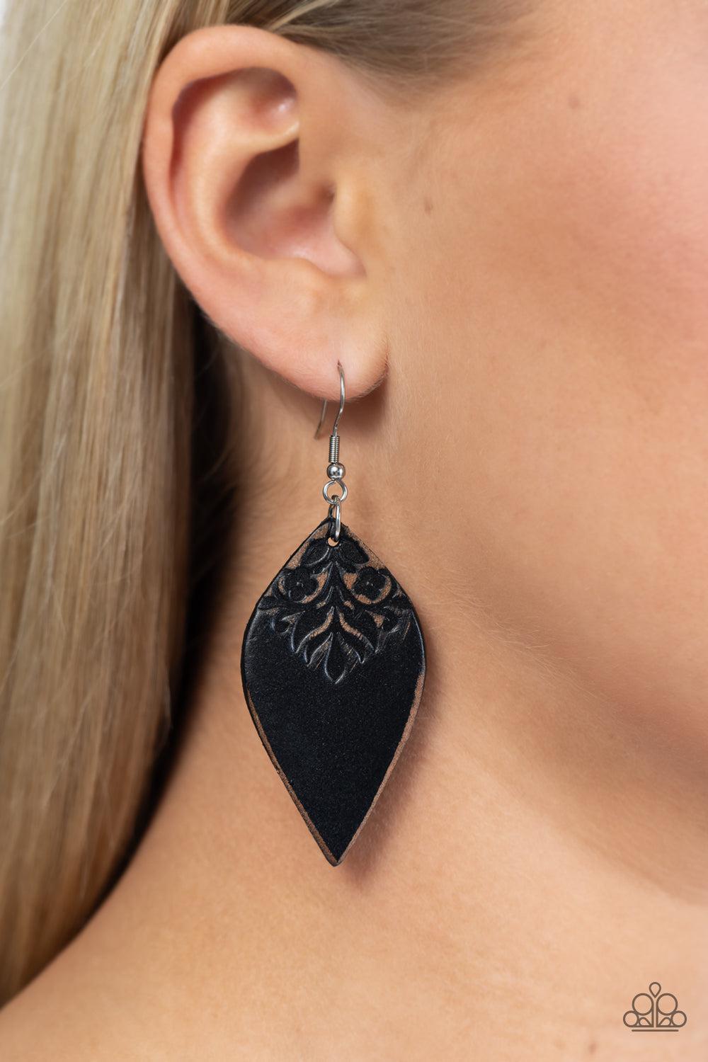 Naturally Nostalgic Black Leather Earrings - Paparazzi Accessories- lightbox - CarasShop.com - Paparazzi Jewelry by Cara Jewels