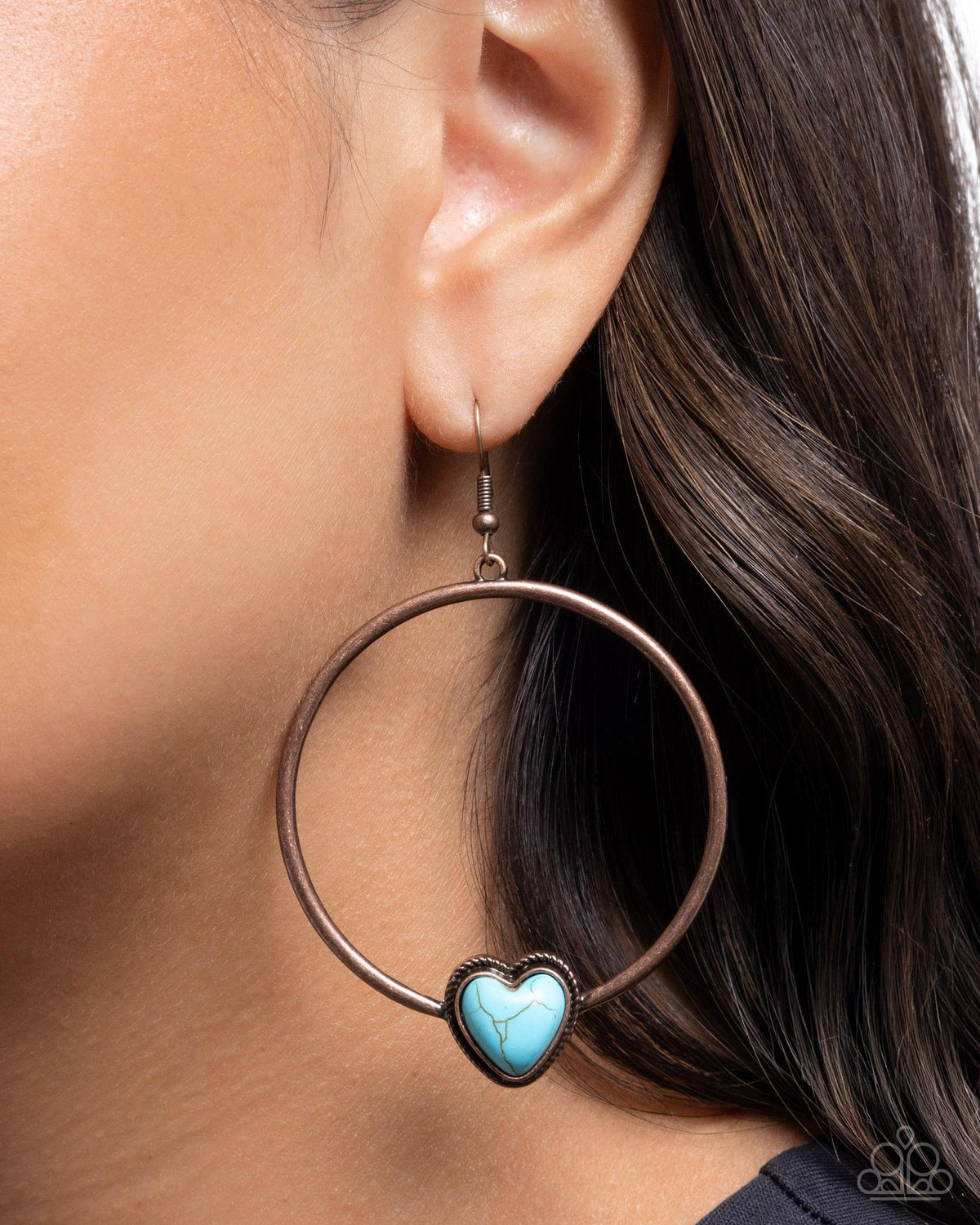 Naturally Nurturing Copper & Turquoise Heart Earrings - Paparazzi Accessories-on model - CarasShop.com - Paparazzi Jewelry by Cara Jewels