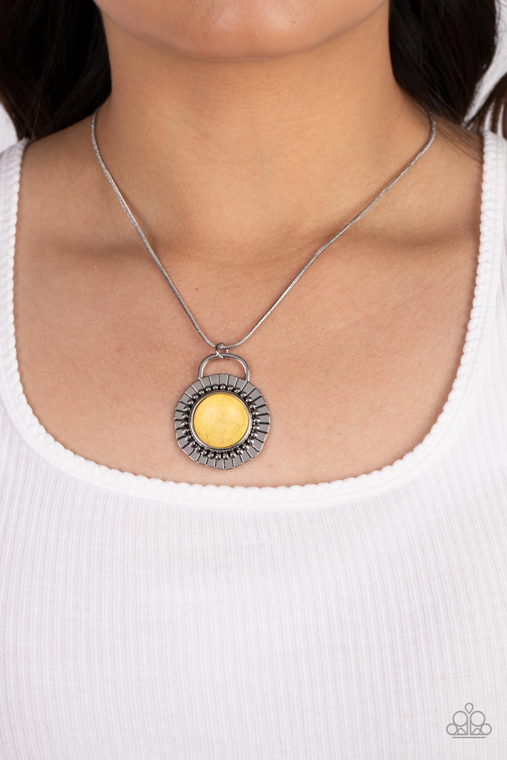 New Age Nomad Yellow Stone Necklace - Paparazzi Accessories- on model - CarasShop.com - Paparazzi Jewelry by Cara Jewels
