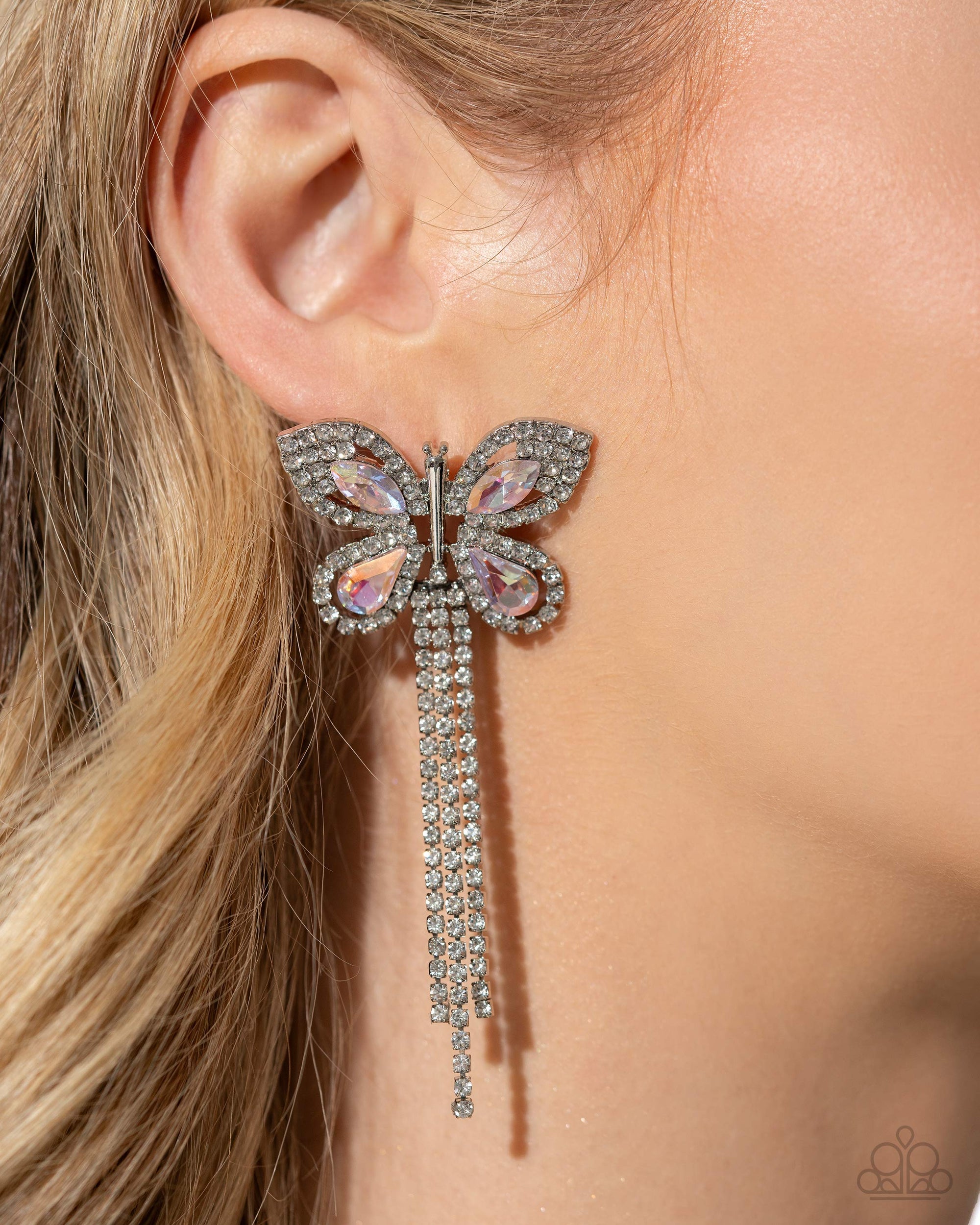 Next SOAR Pink Rhinestone Butterfly Earrings - Paparazzi Accessories- lightbox - CarasShop.com - Paparazzi Jewelry by Cara Jewels