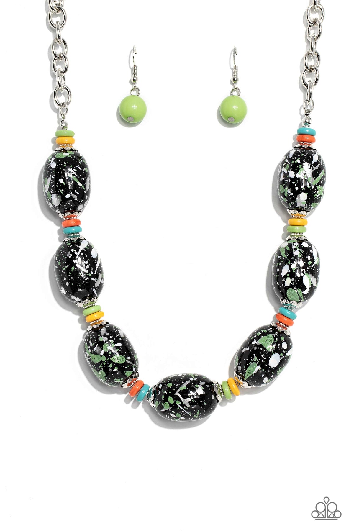 No Laughing SPLATTER Green & Black Necklace - Paparazzi Accessories- lightbox - CarasShop.com - Paparazzi Jewelry by Cara Jewels