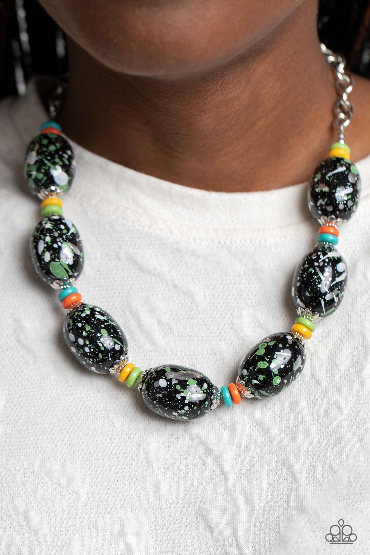 No Laughing SPLATTER Green & Black Necklace - Paparazzi Accessories- on model - CarasShop.com - Paparazzi Jewelry by Cara Jewels