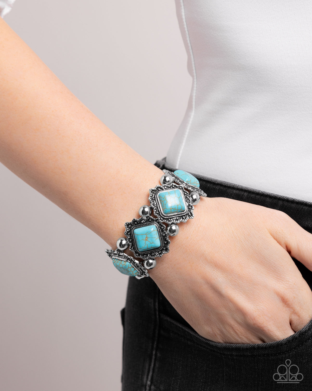 Noble Nature Turquoise Blue Stone Bracelet - Paparazzi Accessories- on model - CarasShop.com - Paparazzi Jewelry by Cara Jewels