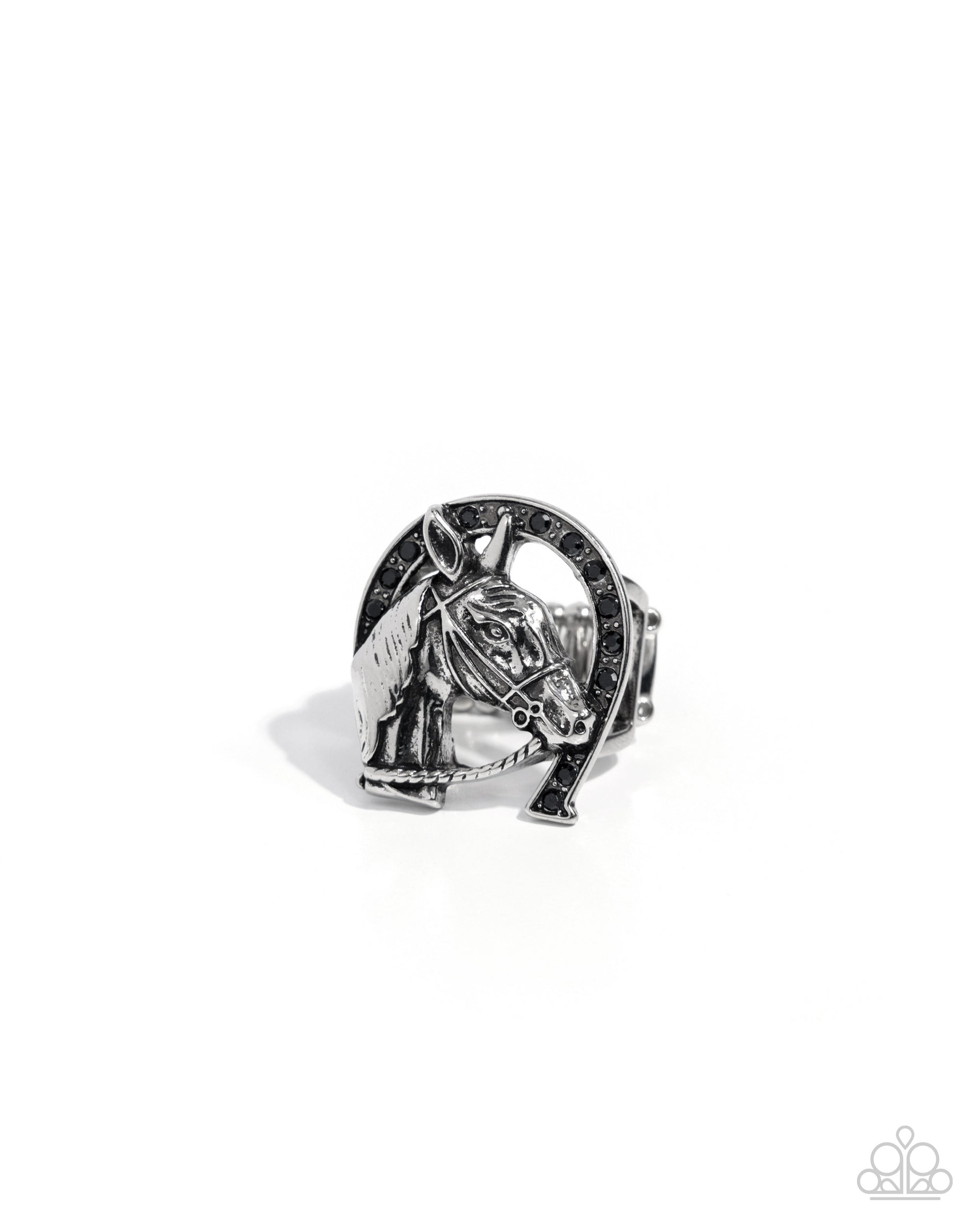 Noble Steed Black Rhinestone & Silver Horse Ring - Paparazzi Accessories- lightbox - CarasShop.com - Paparazzi Jewelry by Cara Jewels