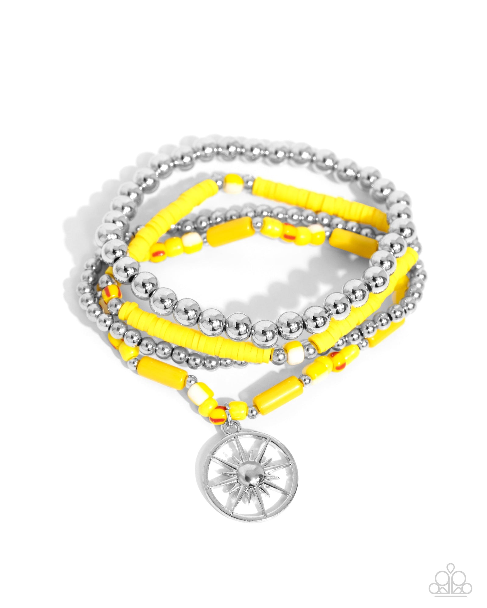 Nuanced Navigator Yellow & Silver Sunburst Charm Bracelet Set - Paparazzi Accessories- lightbox - CarasShop.com - Paparazzi Jewelry by Cara Jewels