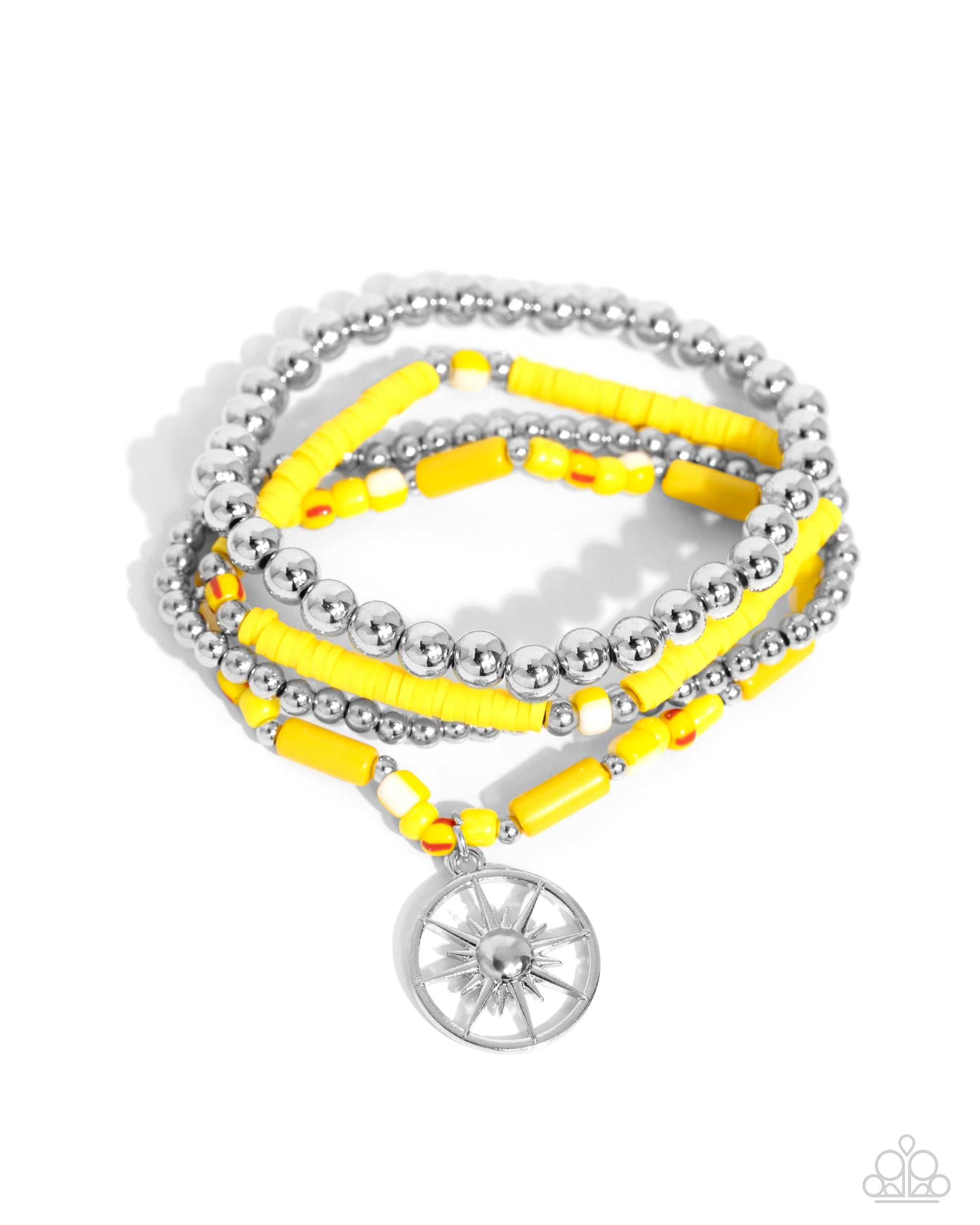 Nuanced Navigator Yellow & Silver Sunburst Charm Bracelet Set - Paparazzi Accessories- lightbox - CarasShop.com - Paparazzi Jewelry by Cara Jewels