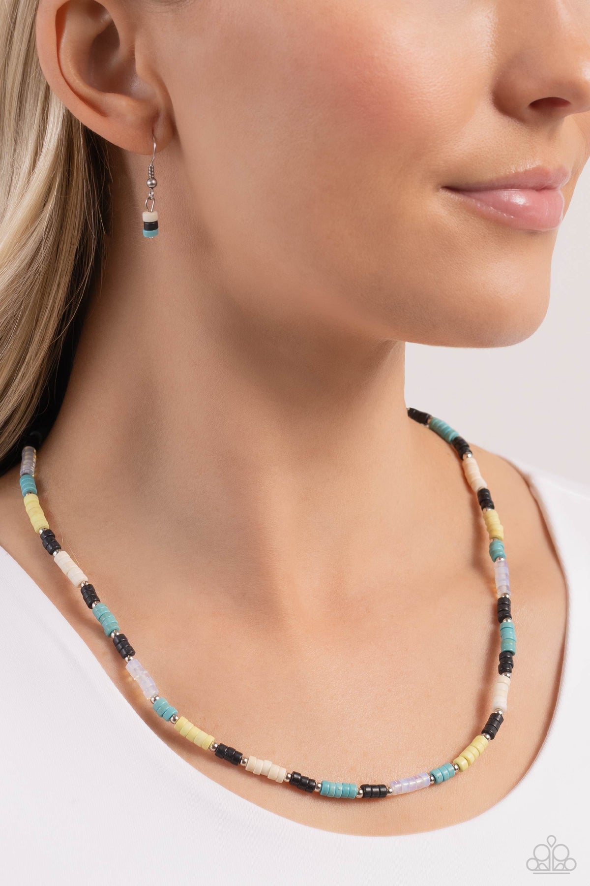 Oasis Outline Black, Yellow & Blue Stone Necklace - Paparazzi Accessories- on model - CarasShop.com - Paparazzi Jewelry by Cara Jewels