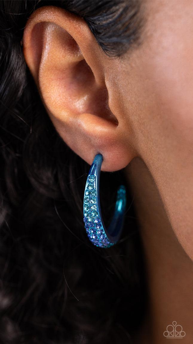 Obsessed with Ombre Blue Rhinestone Hoop Earrings - Paparazzi Accessories- on model - CarasShop.com - Paparazzi Jewelry by Cara Jewels