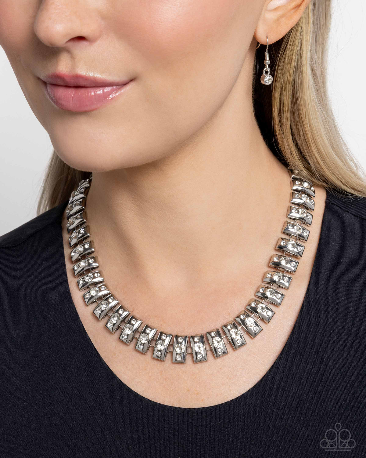 Officially Opulent White Rhinestone & Silver Necklace - Paparazzi Accessories- on model - CarasShop.com - Paparazzi Jewelry by Cara Jewels