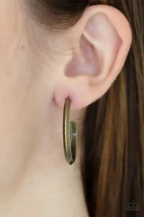 On The Brink Brass Earrings - Paparazzi Accessories-on model - CarasShop.com - Paparazzi Jewelry by Cara Jewels