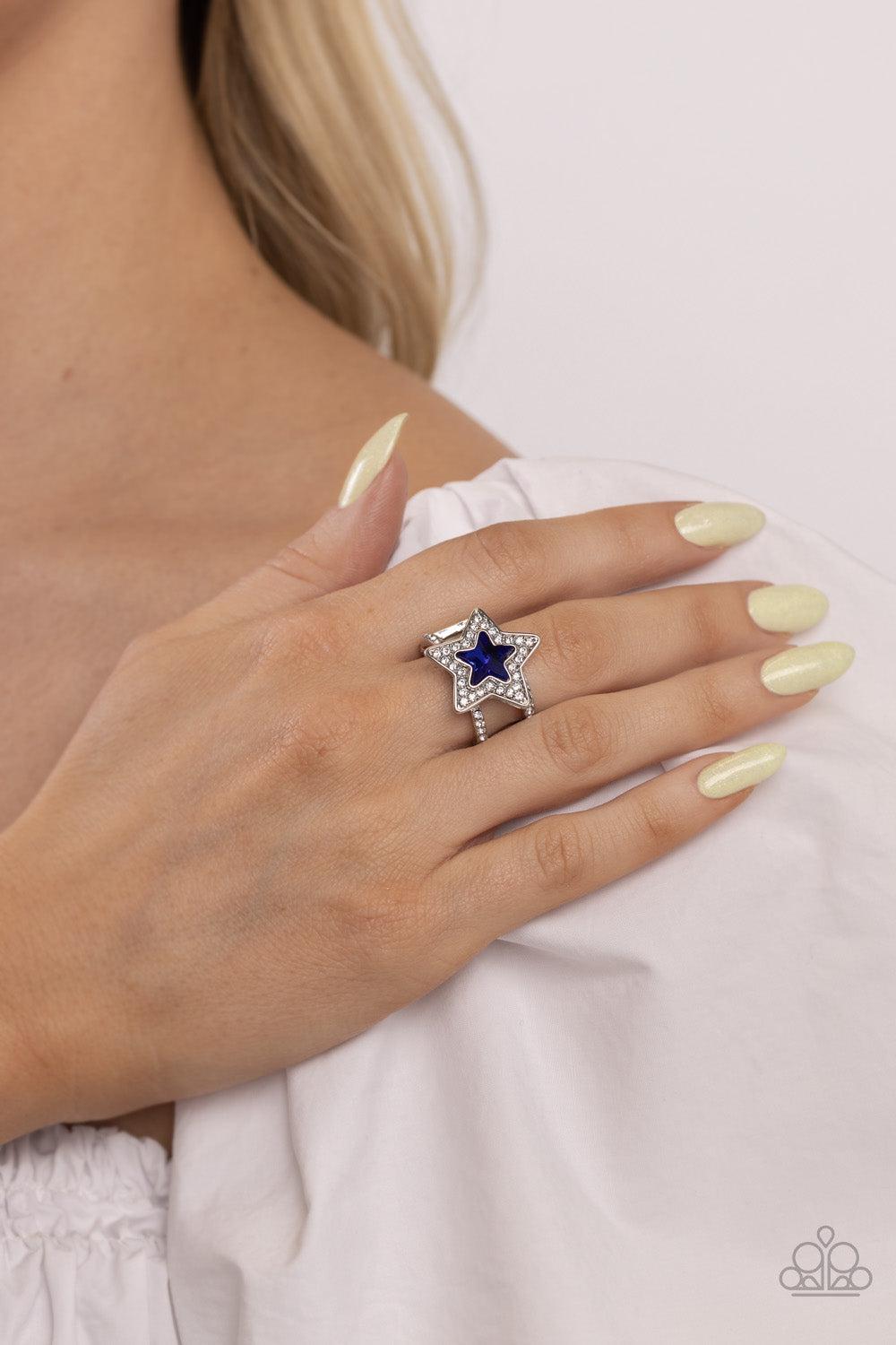 One Nation Under Sparkle Blue Rhinestone Star Ring - Paparazzi Accessories- on model - CarasShop.com - Paparazzi Jewelry by Cara Jewels