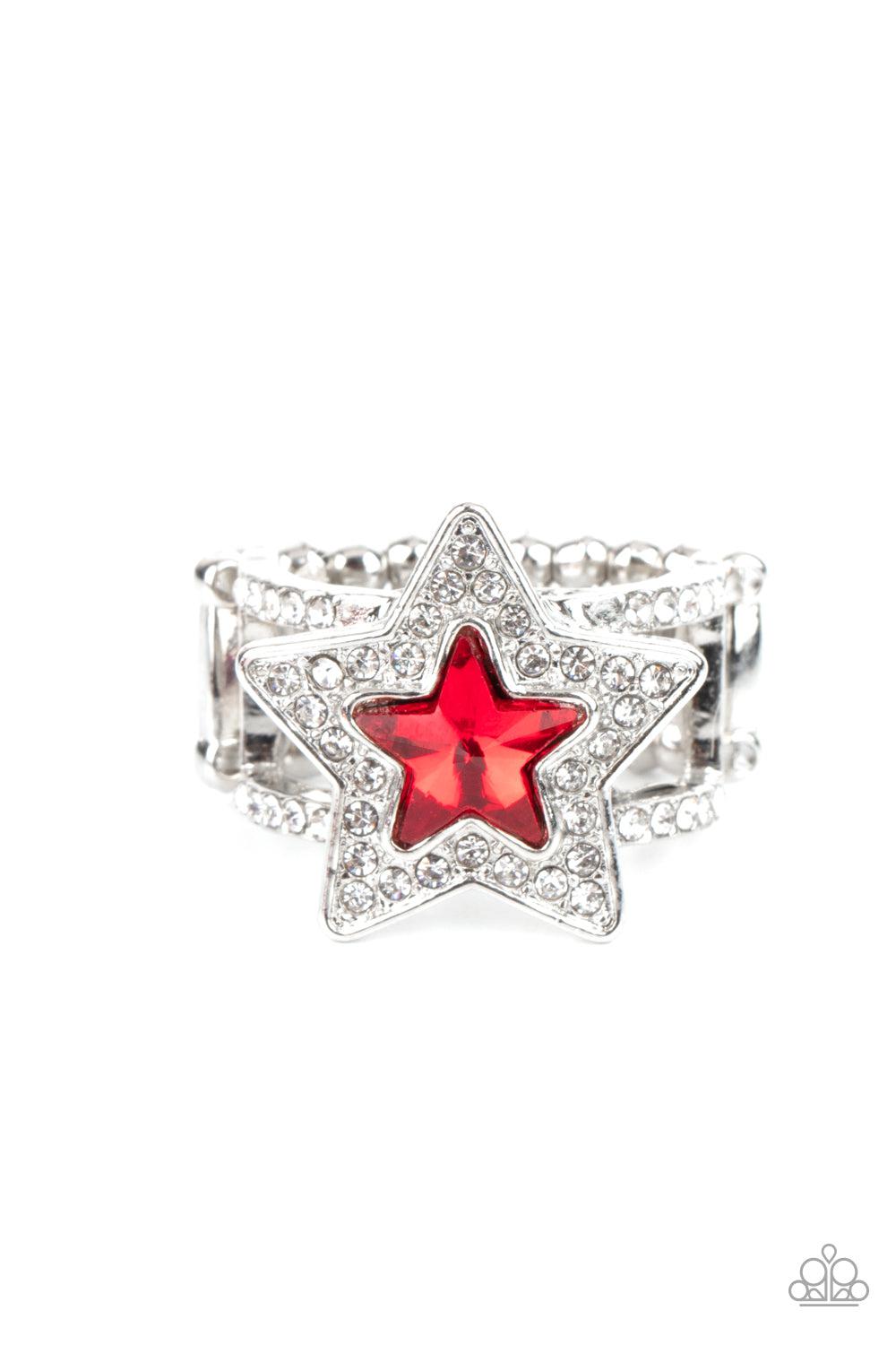 One Nation Under Sparkle Red Rhinestone Star Ring - Paparazzi Accessories- lightbox - CarasShop.com - Paparazzi Jewelry by Cara Jewels