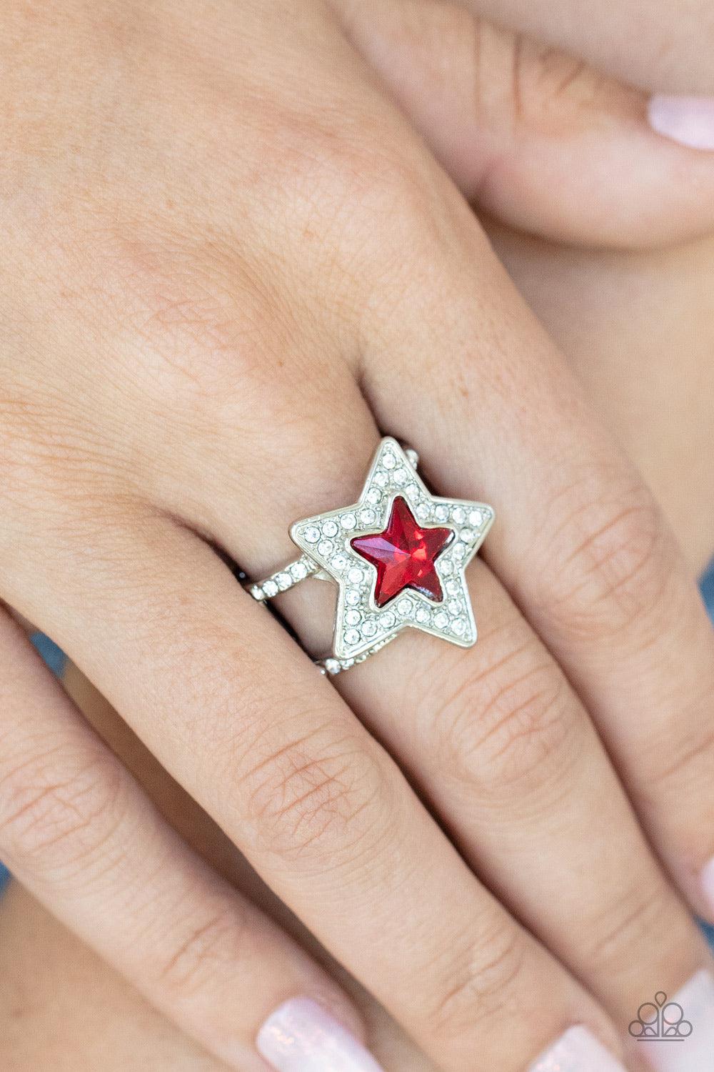 One Nation Under Sparkle Red Rhinestone Star Ring - Paparazzi Accessories- on model - CarasShop.com - Paparazzi Jewelry by Cara Jewels