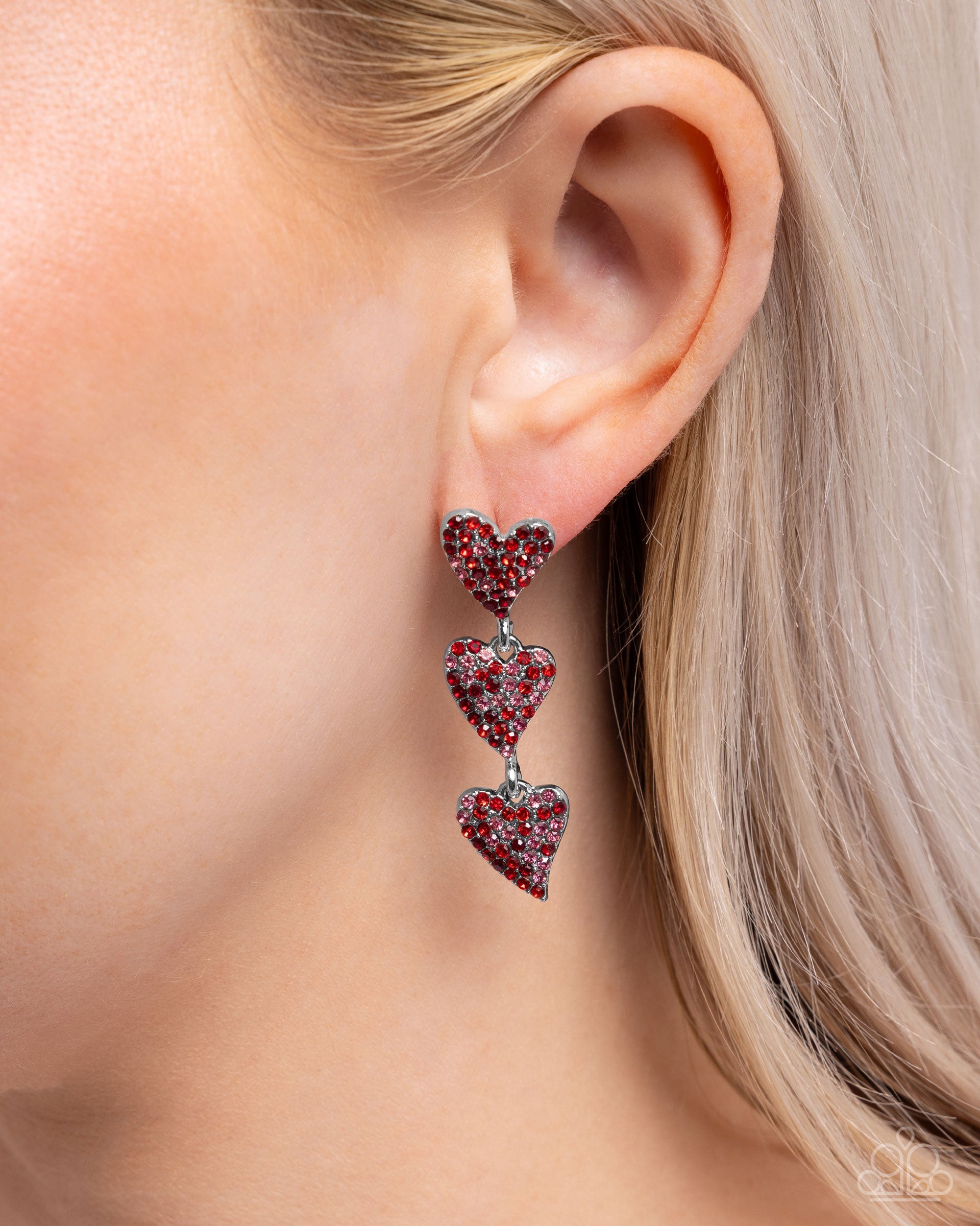 One Of The Girls Red Rhinestone Heart Post Earrings - Paparazzi Accessories- lightbox - CarasShop.com - Paparazzi Jewelry by Cara Jewels