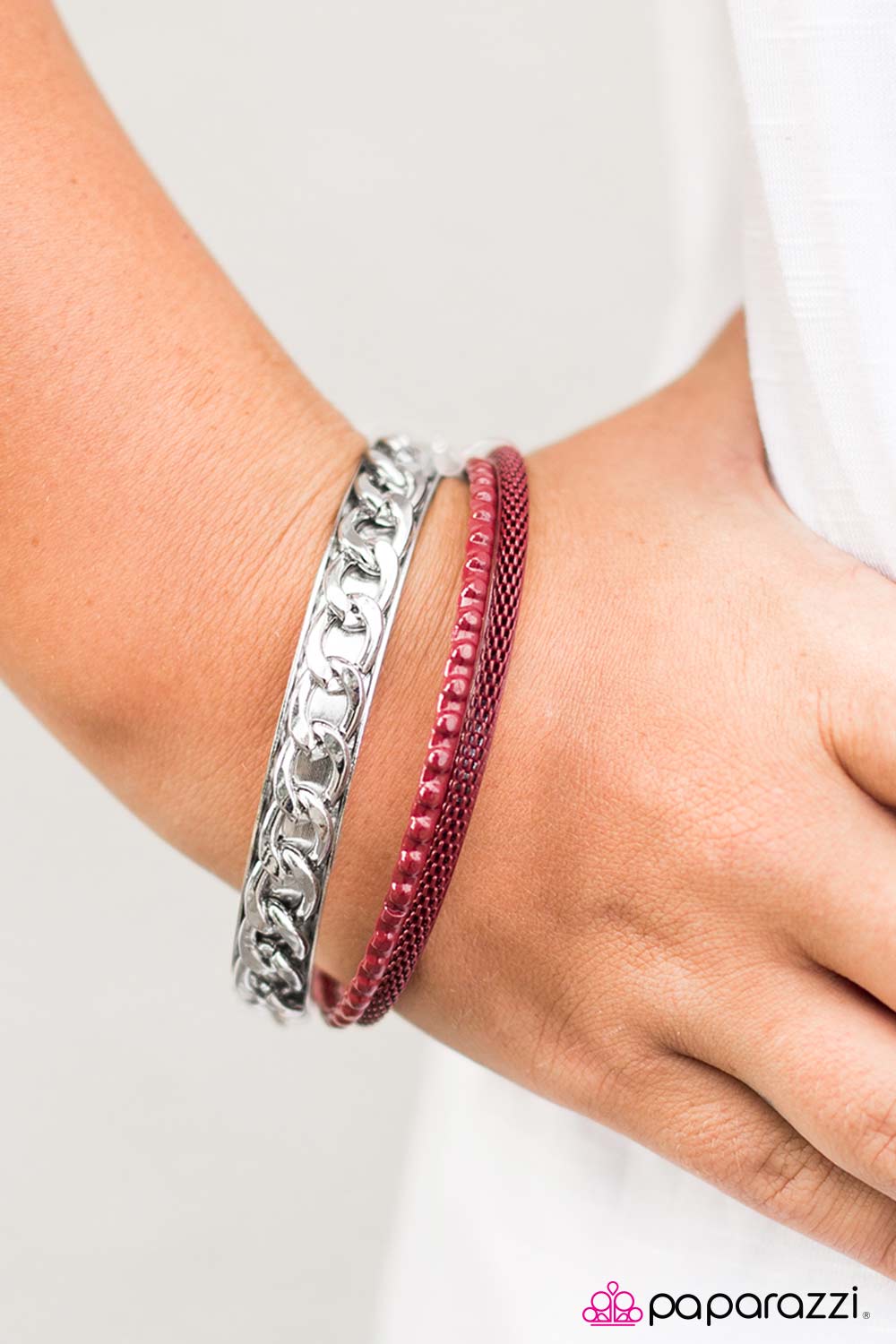 One Stop Shop Red & Silver Bangle Bracelet Set - Paparazzi Accessories-on model - CarasShop.com - Paparazzi Jewelry by Cara Jewels