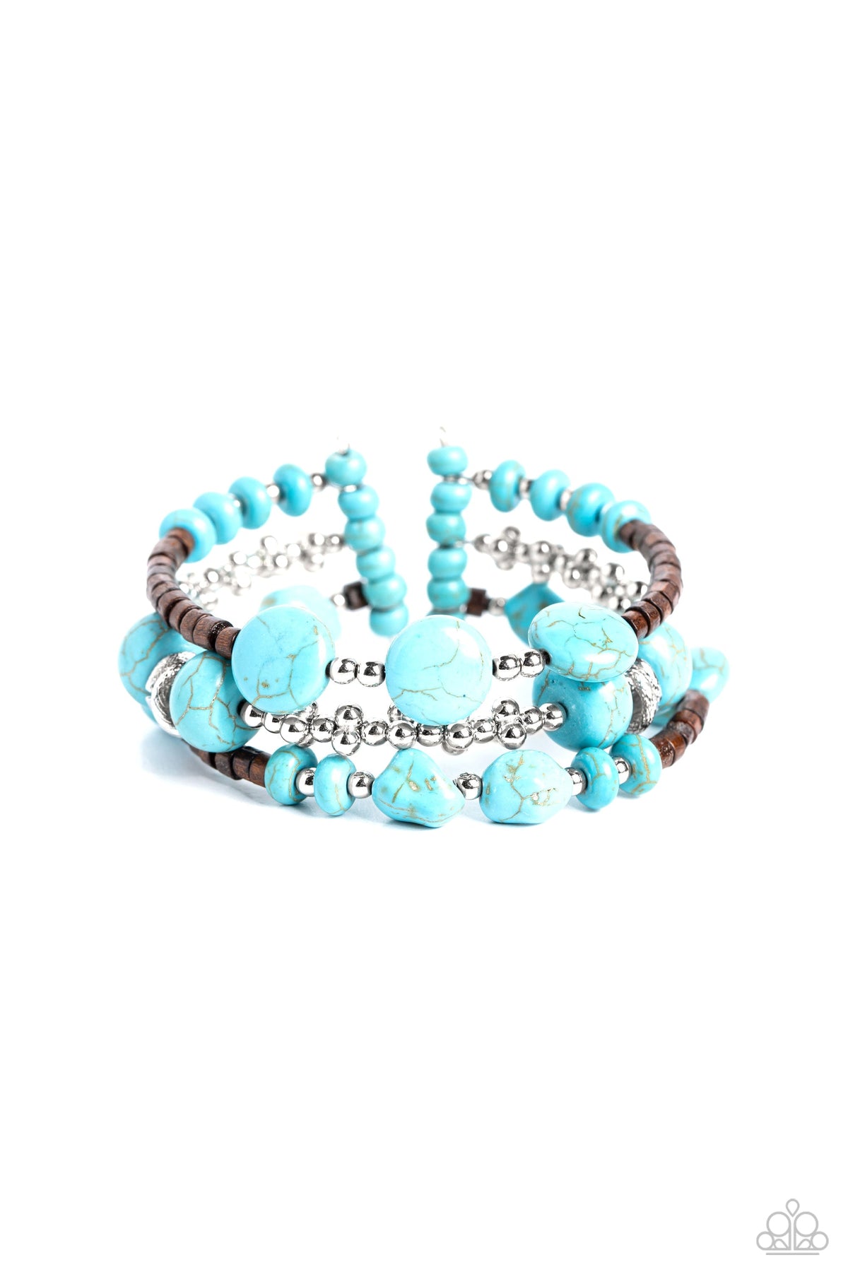 Operation Outdoors Turquoise Blue Stone & Wood Cuff Bracelet - Paparazzi Accessories- lightbox - CarasShop.com - Paparazzi Jewelry by Cara Jewels