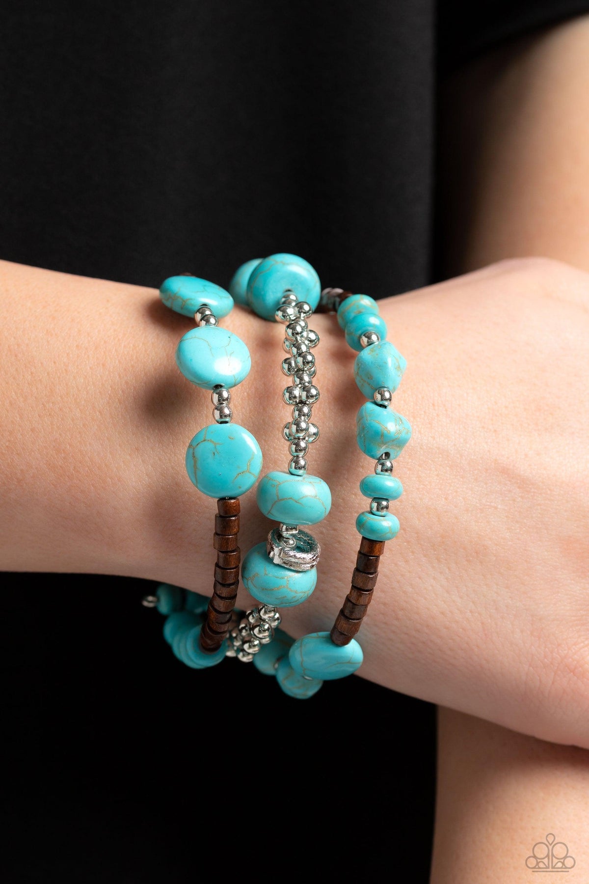 Operation Outdoors Turquoise Blue Stone & Wood Cuff Bracelet - Paparazzi Accessories- on model - CarasShop.com - Paparazzi Jewelry by Cara Jewels