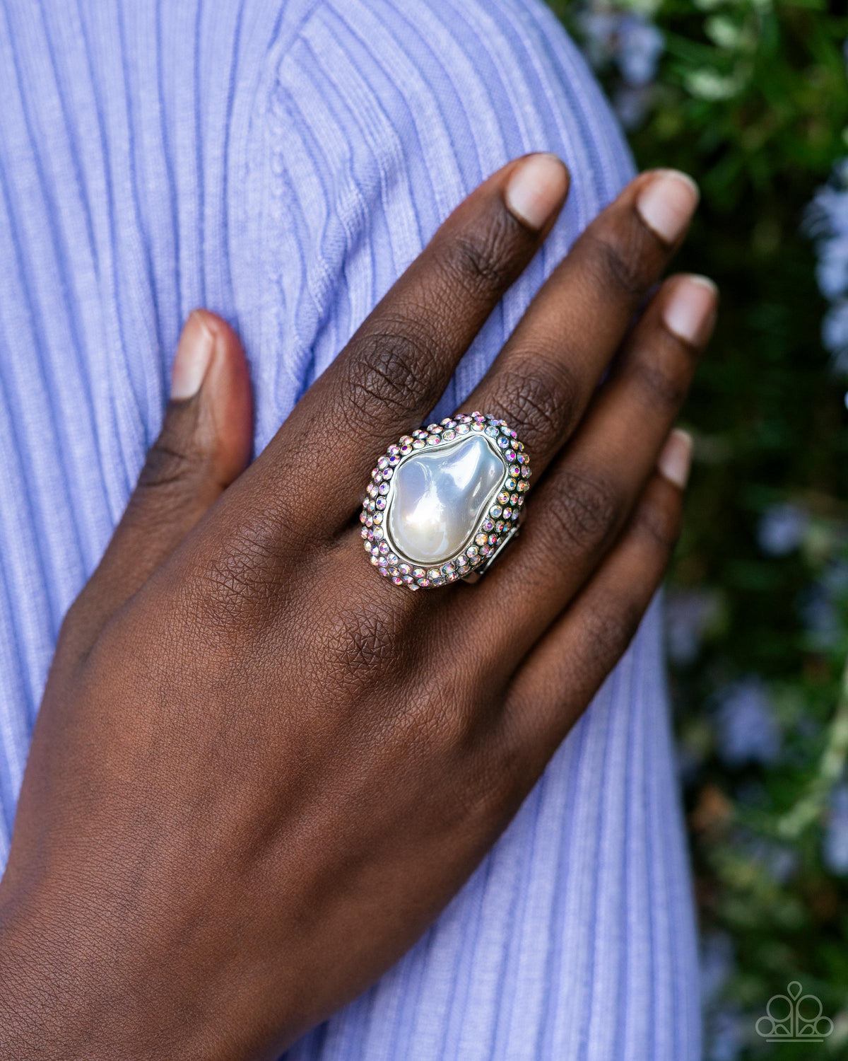 Opulent Ocean White Pearl and Iridescent Rhinestone Ring - Paparazzi Accessories- on model - CarasShop.com - Paparazzi Jewelry by Cara Jewels