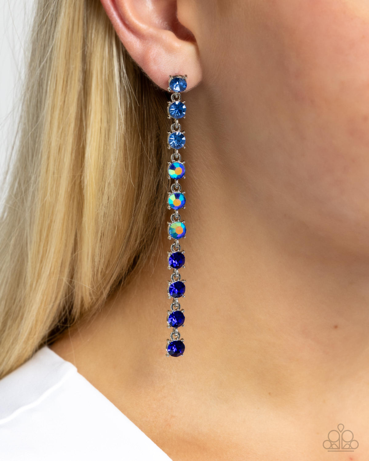 Opulent Ombre Blue Rhinestone Earrings - Paparazzi Accessories- on model - CarasShop.com - Paparazzi Jewelry by Cara Jewels