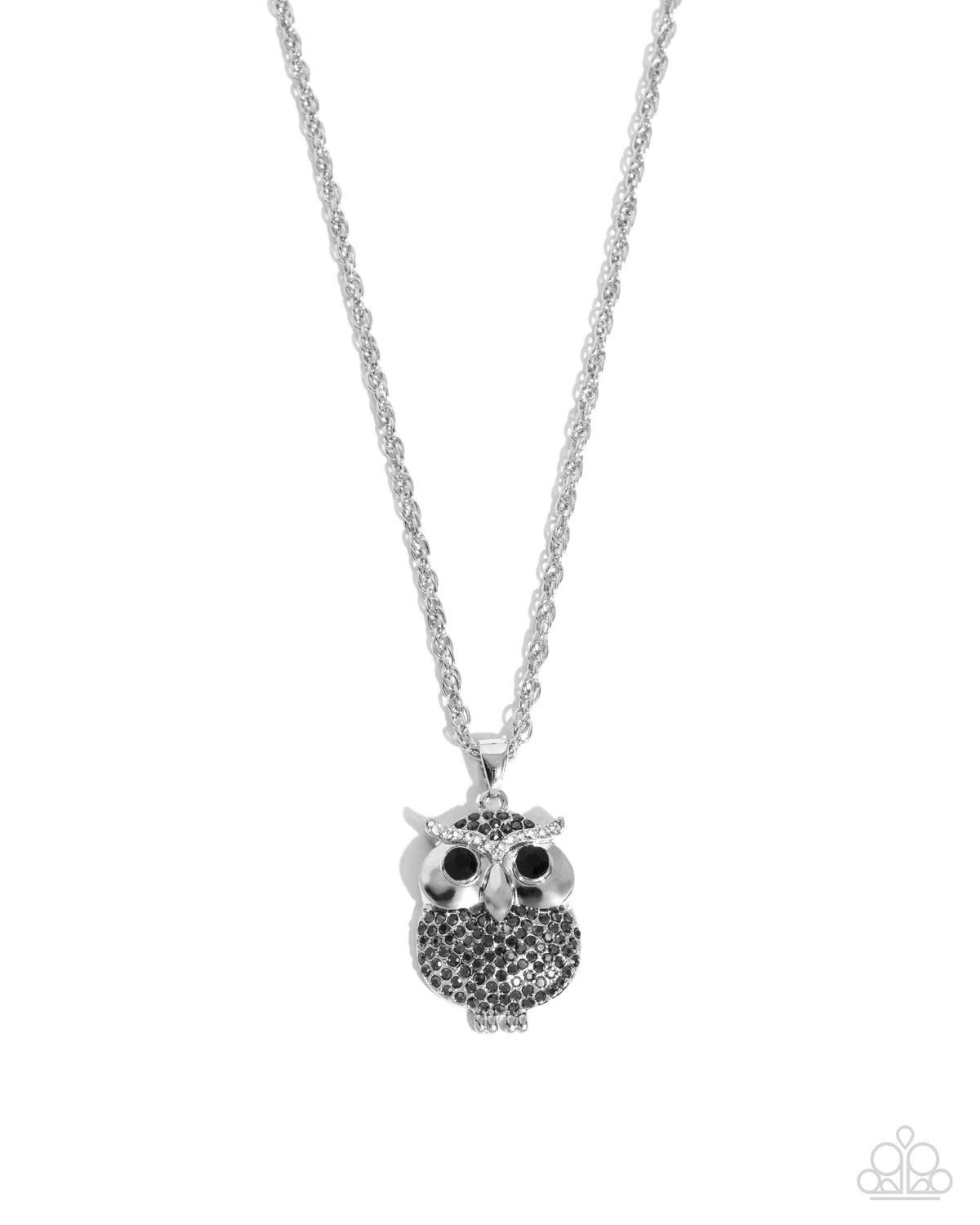 Opulent Owl Silver Rhinestone Necklace - Paparazzi Accessories- lightbox - CarasShop.com - Paparazzi Jewelry by Cara Jewels