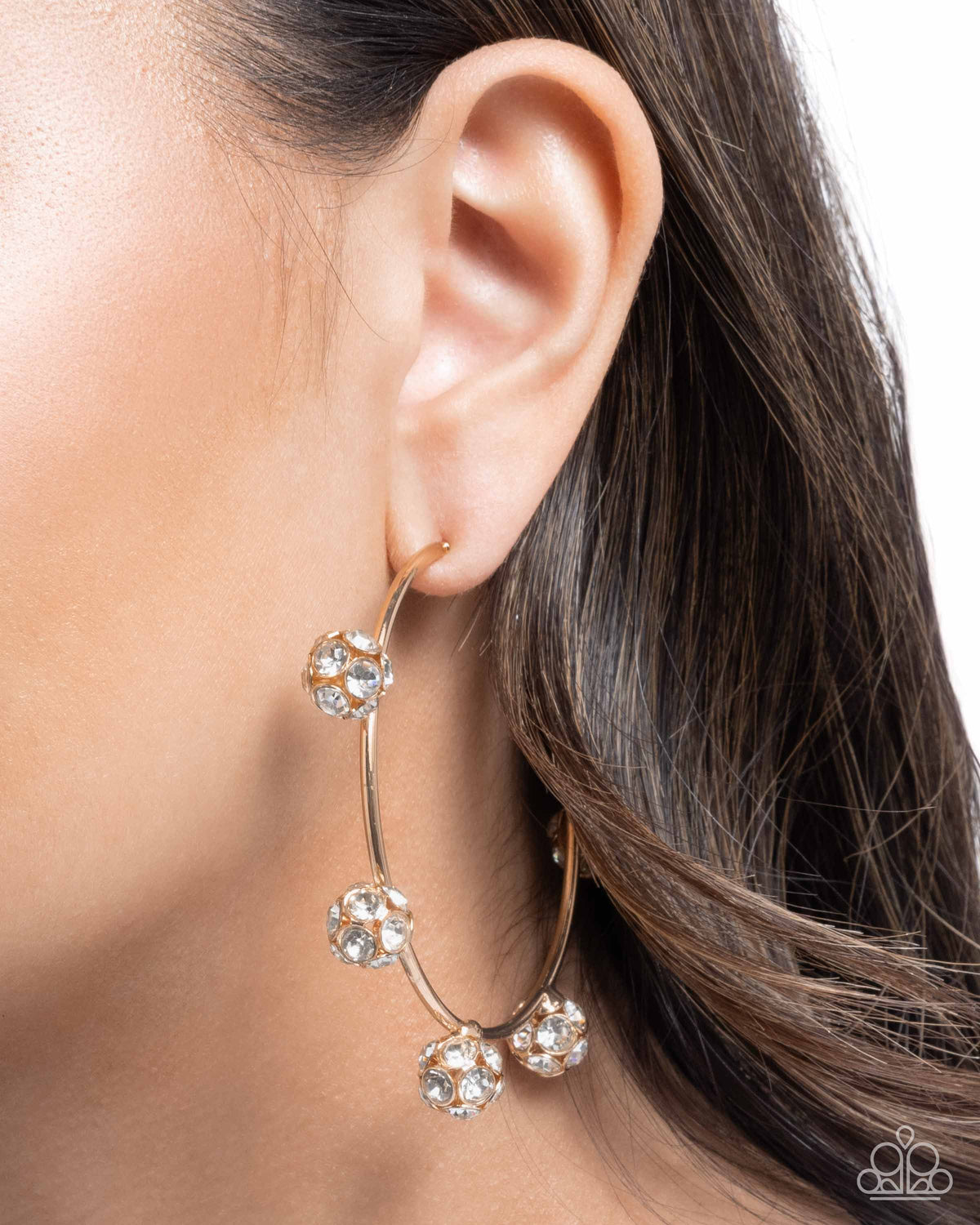 Ornamental Optimism Gold & White Rhinestone Hoop Earrings - Paparazzi Accessories-on model - CarasShop.com - Paparazzi Jewelry by Cara Jewels